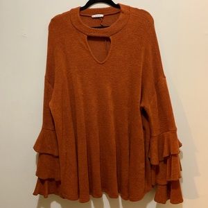 Love In Orange, Keyhole Sweater w/ Ruffled Sleeves